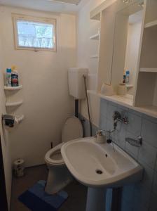 a bathroom with a white toilet and a sink at Chalupa Na Křemence in Třinec +13 photos