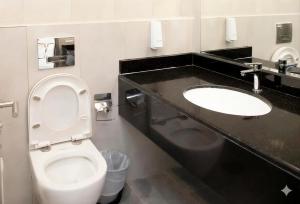 a bathroom with a toilet and a sink at The Pearl Nest Spacious 2BHK in Madinatna Better Than a Hotel, Halff the Price in Doha +2 photos