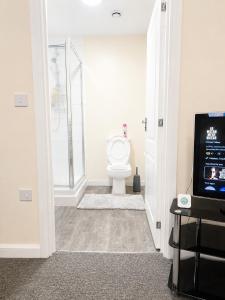 a bathroom with a toilet and a television at Private Ensuite room in Wolverhampton city centre in Wolverhampton