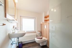 a bathroom with a sink and a toilet and a window at Leuchtfeuer in Thiessow