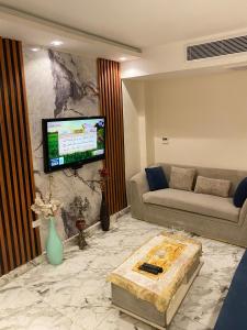 a living room with a couch and a tv on a wall at 18B Shehb Apartment Hotel in Giza