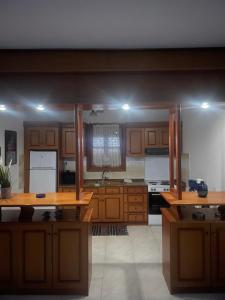 a large kitchen with wooden cabinets and appliances at Ariana's apartment in Orfánion +13 photos