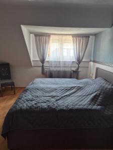 a bedroom with a bed and a window with curtains at Familienwohnung Bella in Pirmasens