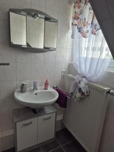 a bathroom with a sink and a mirror at Familienwohnung Bella in Pirmasens +12 photos