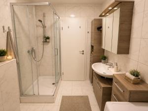 a bathroom with a shower and a sink at Mitarbeiterwohnung nahe Saaleck Kaserne in Hammelburg