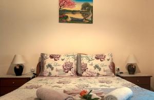 a bedroom with a bed with flowers and a picture on the wall at Tanias House in Siátista