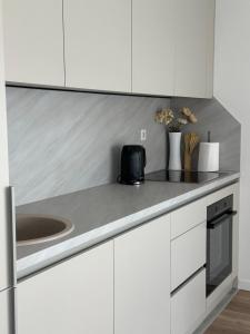 a kitchen with white cabinets and a sink at Golden Nest in Tuzla