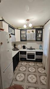 a kitchen with a stove and a refrigerator at Spacious apartment on Otakar Yarosh in Kharkiv