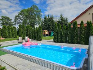 a swimming pool with an inflatable flamingo in a yard at Mazurska Tajemnica 1 in Łoje