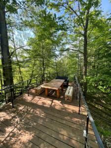 a wooden deck with a picnic table and benches at Cabana Blaga in Şuncuiuş
