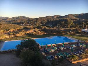 vista aerea su una piscina con sedie e montagne di Appartamenti Stellamarina a Capoliveri