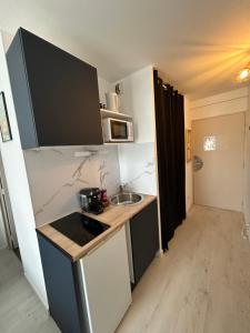 a small kitchen with a sink and a microwave at Studio le petit cozy in Nancy