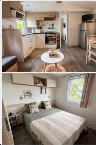 a kitchen and a living room with a bed at Le Cocon d'Ambon in Ambon