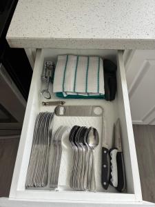 a drawer filled with utensils under a kitchen counter at The Majestic Oasis in Vineland Station