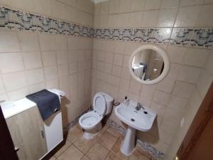a bathroom with a toilet and a sink and a mirror at Casa Sabinar in Navajas