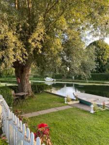 a park with a pond and a tree and a fence at Maison La Béa-titude in Serques