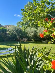 a park with a bench and some flowers and trees at Il noce - case vacanza- in Sestri Levante