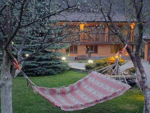 a hammock in a yard in front of a house at Vardisubani Villa in Kazbegi