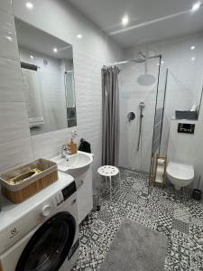 a bathroom with a washing machine and a sink at Sowa i Kumple in Drezdenko