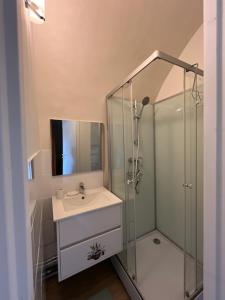 a bathroom with a sink and a glass shower at voute atypique 40 m2 in Montaigut-le-Blanc