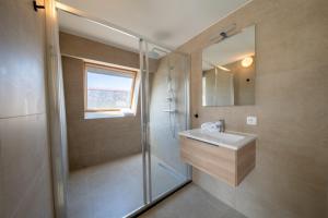 a bathroom with a shower and a sink and a mirror at Waddenresidentie Ameland - 2 en 4 persoons appartementen in Buren +44 photos