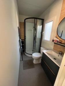 a bathroom with a shower and a toilet and a sink at Emil 8 in Pakoštane