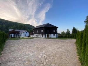 a house with a stone driveway in front of a house at Casa Nelda in Marginea