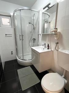 a bathroom with a shower and a toilet and a sink at Villa Annabella Beach Apartments - 100m from Sea in Cesarica +37 photos