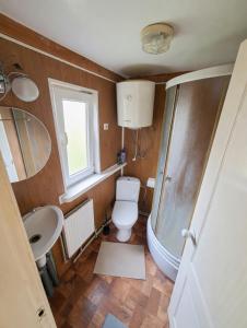 a small bathroom with a toilet and a sink at Peaceful Cottage With Garden in Saulkrasti