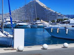 a group of boats docked in a marina with a large building at Baie des anges appartement Bis in Villeneuve-Loubet +46 photos