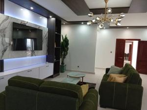 a living room with two green couches and a tv at T&J Harmony Lodge in Limbe +4 photos