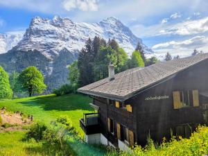a house in a field with mountains in the background at MOM - Alpine Boutique Apartments, Grindelwald gletscher, Eiger View Terrace Studio in Grindelwald