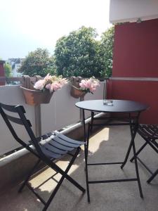 a chair and a table on a balcony with potted plants at Chillout Zone Neuss - Apartment mit Balkon in Neuss
