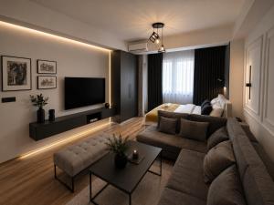 a living room with a couch and a television at Petreski Apartments 1 in Ohrid
