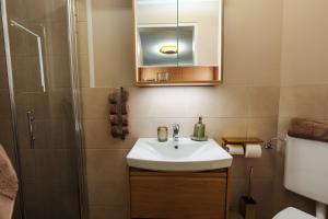 a bathroom with a sink and a shower at Boutique Apartments Daniela in Faak am See +25 photos