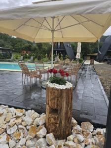 Ein Tisch und Stühle unter einem Sonnenschirm neben einem Pool in der Unterkunft Borlova Frame in Borlova