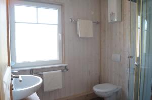 a bathroom with a toilet and a sink and a window at Ferienhaus Heideblick in Zerpenschleuse +17 photos