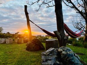 a hammock tied to a tree with a sunset in the background at Biscoitos Top View in Biscoitos