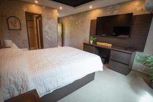a bedroom with a bed and a flat screen tv at Hotel Vista Alegre in Barranquitas +10 photos