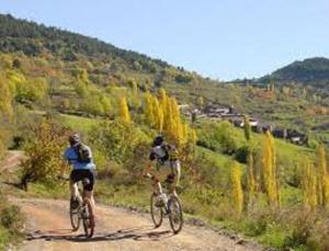 dos personas montando bicicletas por un camino de tierra en Entre els pirineus, en La Seu d'Urgell