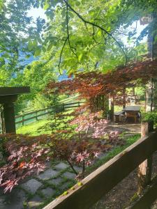 a park with a wooden fence and a bench at La Casetta di Cri Morbegno in Morbegno
