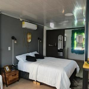 a bedroom with a large white bed and a mirror at Suite campestre a 5 minutos del parque con aire acondicionado in Acacías