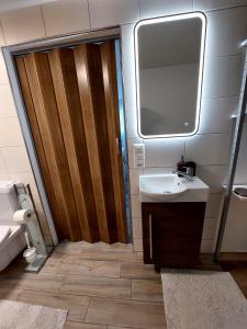 a bathroom with a sink and a wooden door at Viktoria's B&B in Unterkulm