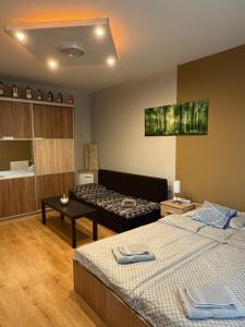 a hotel room with two beds and a table at Casa Victoria in Pécs