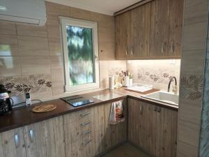 a kitchen with wooden cabinets and a sink and a window at Erdőszéli vendégház in Dudar +8 photos