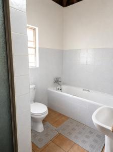 a bathroom with a toilet and a tub and a sink at Dumela Afrika in Marloth Park +26 photos