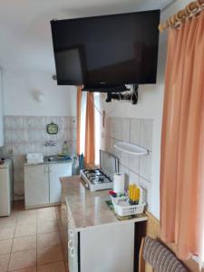 a kitchen with a flat screen tv on the wall at Olimpia Pobierowo in Pobierowo