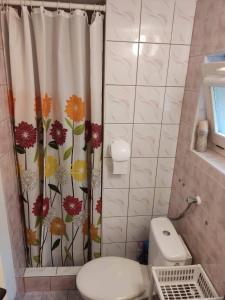 a bathroom with a shower curtain with flowers on it at Olimpia Pobierowo in Pobierowo +27 photos