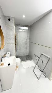 a bathroom with a toilet and a sink and a shower at Vista Mar Suites in Praia