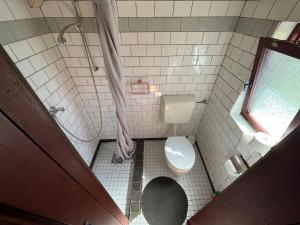 a small bathroom with a toilet and a window at Pure Nostalgie am Scharmützelsee in Wendisch Rietz